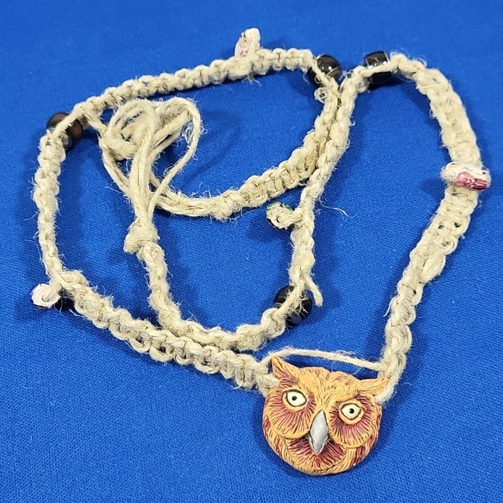 Vintage Y2K Hemp Necklace Owl Themed Beaded Boho‎ Grunge